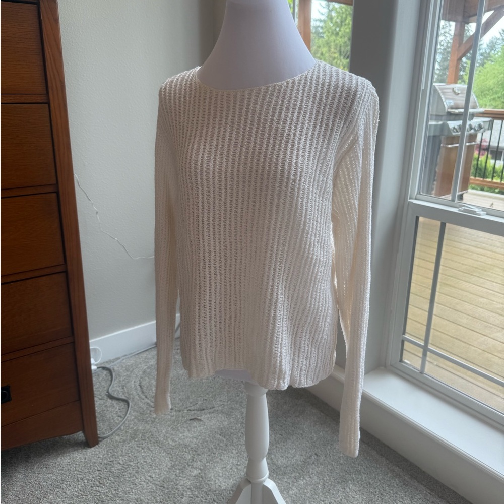 Eileen Fisher Cream Linen Open-Weave Crew Neck Sweater 0099
